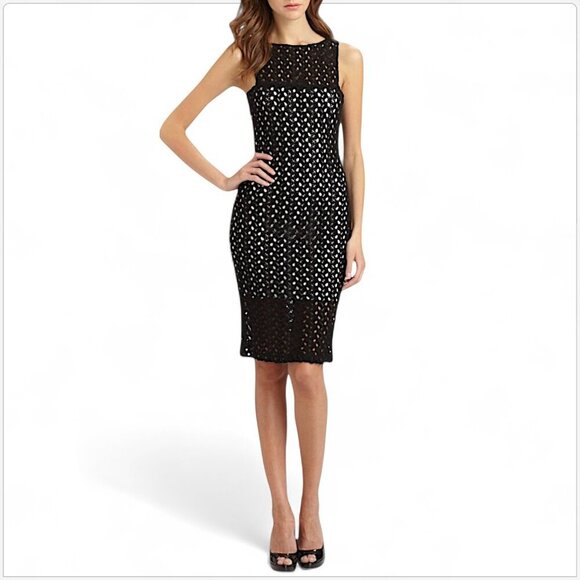 Black Halo Marianne Crochet Black White Knit Sheath Bodycon Dress NWT New 2 - Picture 1 of 5